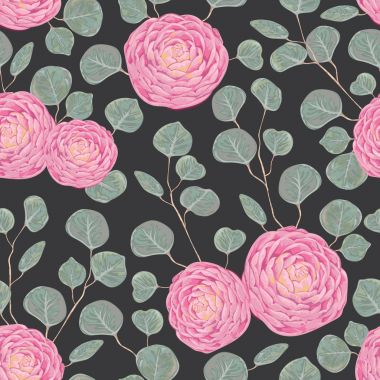 Pembe kamelya çiçek ve gümüş dolar okaliptüs ile Seamless modeli. Vintage çiçek öğeleri. El vektör çizim suluboya tarzında çekilmiş.