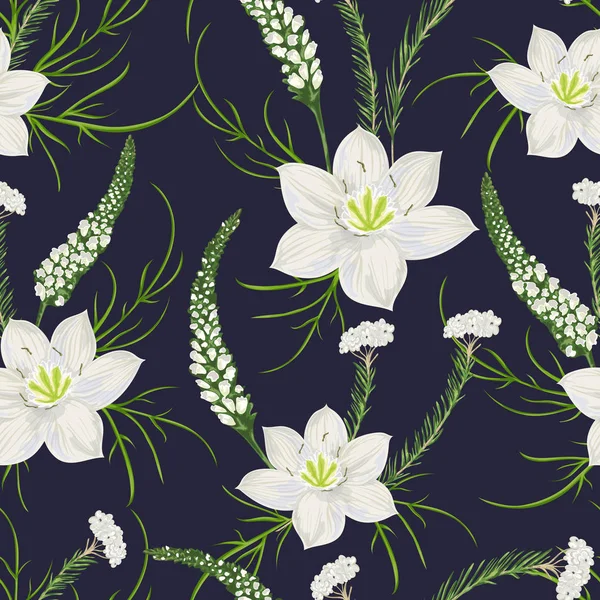 Eucharis lily, aslanağızları ve pirinç çiçekler ile Seamless modeli. Kış çiçek tasarım düğün davetiyesi, kart, afiş, poster için. Suluboya tarzında vintage elle çizilmiş vektör çizim