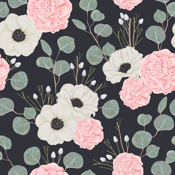 Seamless modeli pembe kamelya, beyaz anemon çiçeği çiçek ve okaliptüs. Kış çiçek tasarım için düğün davetiyesi, duvar kağıdı, baskı. Suluboya tarzında vintage elle çizilmiş vektör çizim