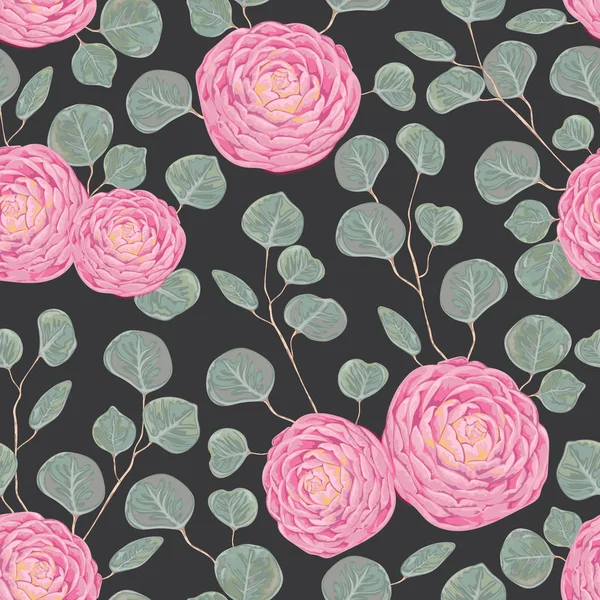 Naadloze patroon met roze Camelia's bloemen en zilveren dollar eucalyptus. Vintage bloemen elementen. Hand getekend vectorillustratie in aquarel stijl — Stockvector