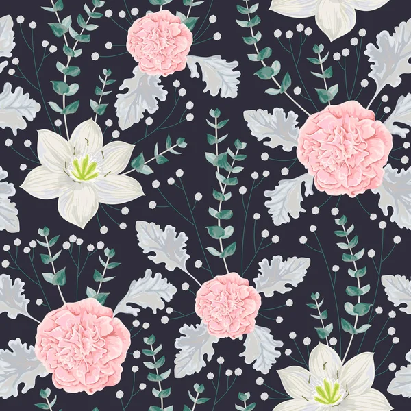 Seamless pattern with pink camellias flowers, eucharis lily, dusty miller, gypsophila and eucalyptus leaf. Vintage winter floral elements. Hand drawn vector illustration in watercolor style — Stock Vector