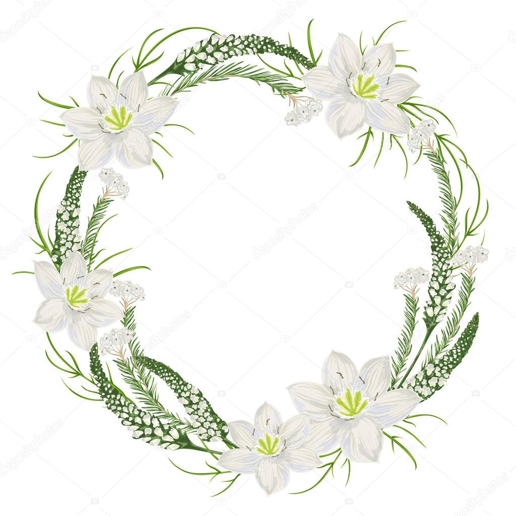 Wreath with eucharis lily, snapdragons and rice flowers . Winter floral design for wedding invitation, save the date card, banner, poster. Vintage hand drawn vector illustration in watercolor style