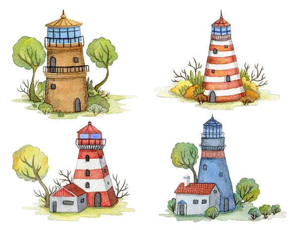 Watercolor cartoon lighthouses set with trees and plants. Fairytale landscape. Vintage design concept for print or poster. Hand drawn illustration — Stock Photo, Image