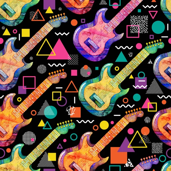 Suluboya elektro gitar ve siyah arka plan üzerine dekoratif geometrik elemanlar ile Seamless modeli. Memphis tarzı retro parti için renkli tasarım. Soyut el çizilen illüstrasyon — Stok fotoğraf