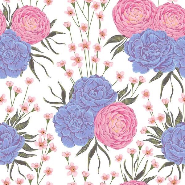 ピンクの椿、青いゼラニウム花アルストロメリアとシームレスなパターン。素朴な植物の背景。ヴィンテージ手描き水彩風ベクトル イラスト — ストックベクタ