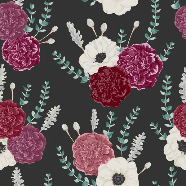 Naadloze patroon met anjer en anemone bloemen, eucalyptus, dusty miller en silver brunia. Vintage winter floral achtergrond. Vectorillustratie in aquarel stijl — Stockvector