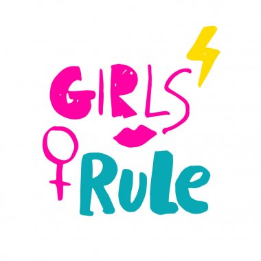 Kız kural. Venüs'ün pembe ruj öpücük, yıldırım ve erkek cinsiyet oturum yansıtma ile çizilmiş yazı ver. Vektör çizim