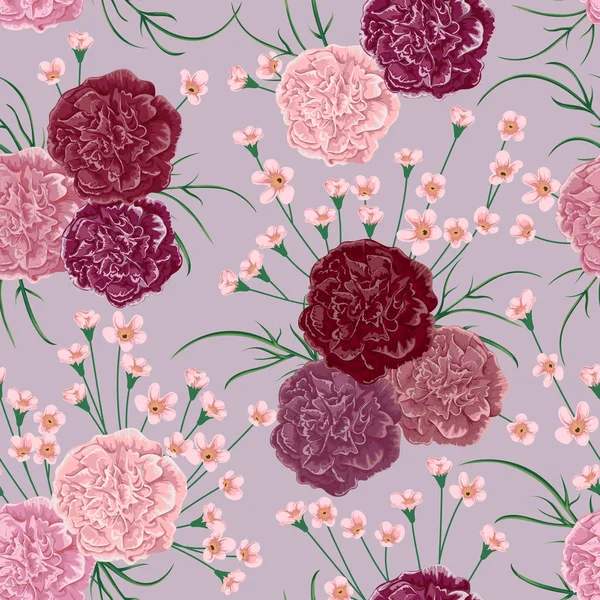 Naadloze patroon met carnation bloemen en alstroemeria. Rustieke Botanische achtergrond. Vintage hand getrokken vectorillustratie in aquarel stijl — Stockvector