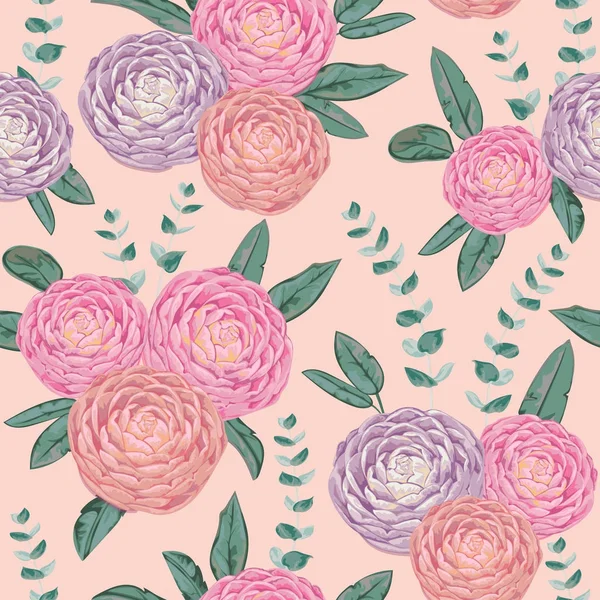 Seamless pattern with camellias and spiral eucalyptus. Decorative holiday floral background. Vintage vector illustration in watercolor style — Stock Vector