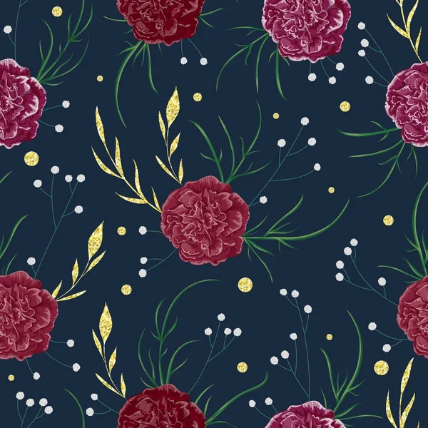 Seamless pattern with red carnation flowers, gypsophila and decorative floral elements with golden glitter foil texture. Vintage vector illustration in watercolor style — Stock Vector