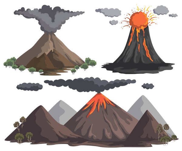Volcanoes with magma, lava and smoke. Mountain landscapes. Vector illustration