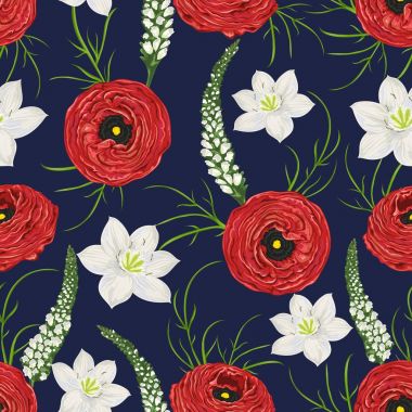 Seamless pattern with white eucharis lily, red ranunculus and snapdragons. Decorative holiday floral background. Vintage vector illustration in watercolor style clipart