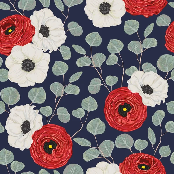 Απρόσκοπτη μοτίβο με λουλούδια, κόκκινο λευκό Ανεμώνη ranunculus και Ασημένιο Δολάριο ευκαλύπτου. Διακοπές διακοσμητικά floral φόντο. Vintage διανυσματική εικόνα σε στυλ υδροχρώματος — Διανυσματικό Αρχείο