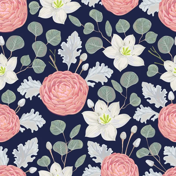 Motif sans couture avec camélias, eucharis lis, broyeur poussiéreux, eucalyptus dollar argent et brunia argent. Fond floral de vacances décoratif. Illustration vectorielle vintage dans un style aquarelle — Image vectorielle