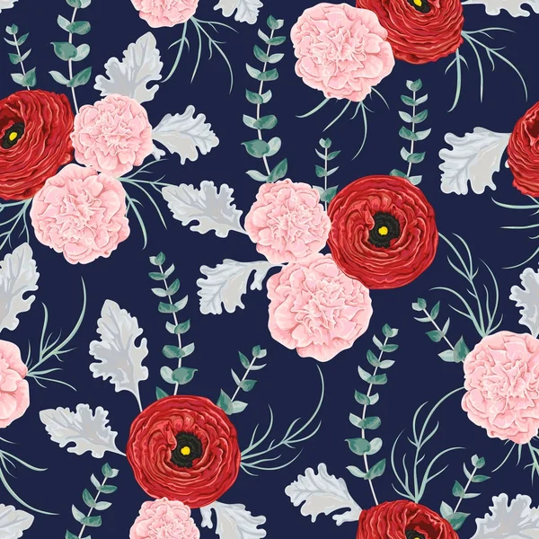 Seamless pattern with red ranunculus, carnation flowers, spiral eucalyptus and dusty miller. Decorative holiday floral background. Vintage vector illustration in watercolor style — Stock Vector