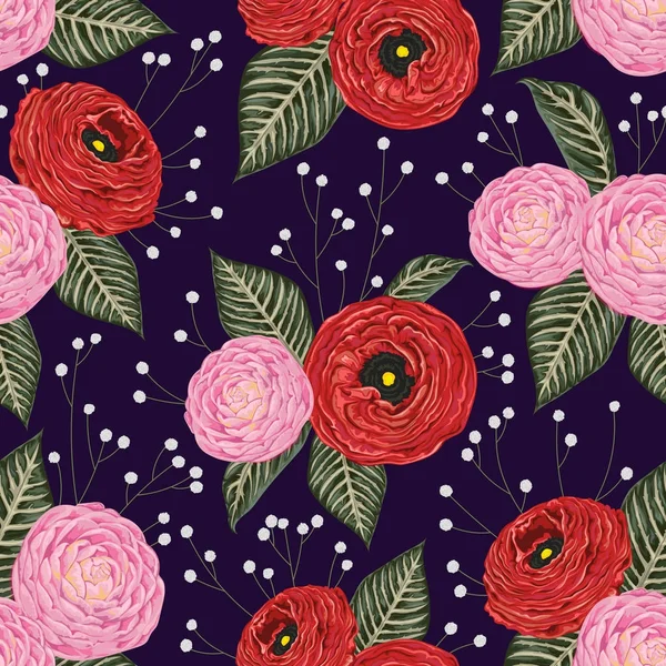 Wzór z kamelii różowy, czerwony Jaskier i gipsówki. Świątecznego tle kwiatów. Ilustracja wektorowa Vintage w stylu przypominającym akwarele — Wektor stockowy