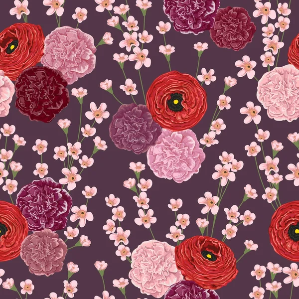 赤いラナンキュラス、カーネーション、アルストロメリアのシームレスなパターン。花の背景の装飾的な休日。水彩風のビンテージ ベクトル図 — ストックベクタ