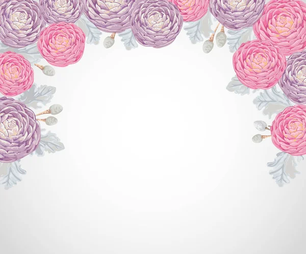 Fond de vacances décoratif avec camélias roses et violettes, broyeur poussiéreux et brunier argenté.Illustration vectorielle vintage dans un style aquarelle — Image vectorielle