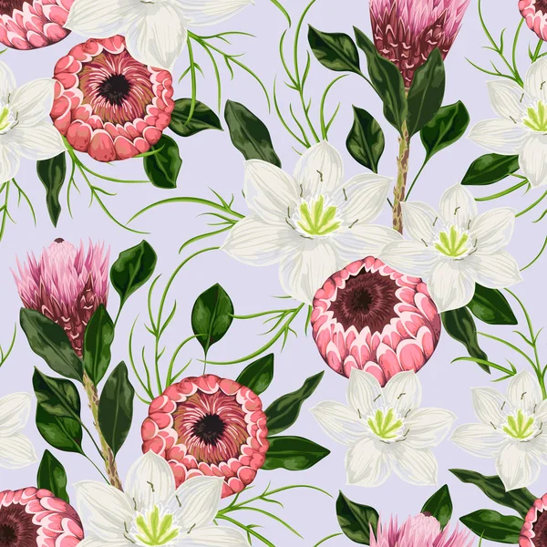 Motif sans couture avec eucharis lis, fleurs et feuilles de protéa. Fond floral de vacances décoratif. Illustration vectorielle vintage dans un style aquarelle — Image vectorielle