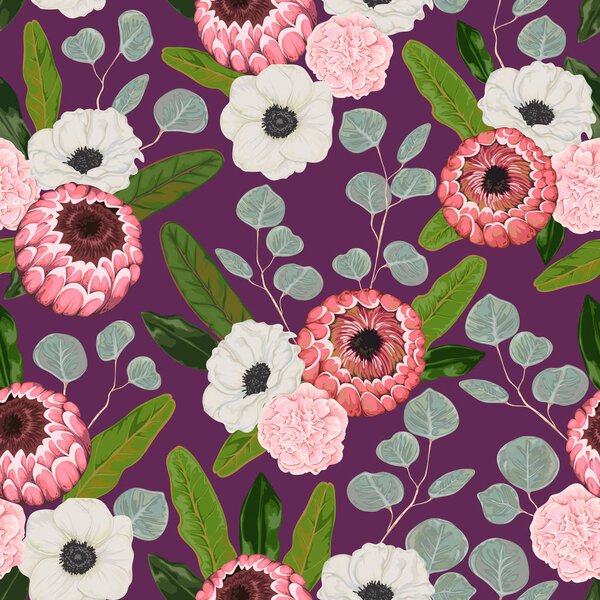 Seamless pattern with anemone, carnation, silver dollar eucalyptus, protea flowers and leaves. Decorative holiday floral background. Vintage vector illustration in watercolor style