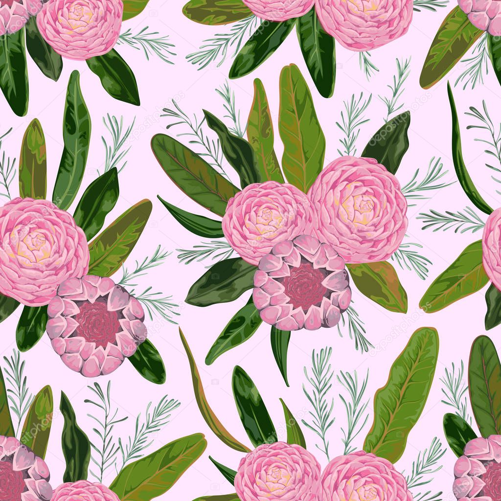 Seamless pattern with camellias, rosemary, protea flowers and leaves. Decorative holiday floral background. Vintage vector illustration in watercolor style