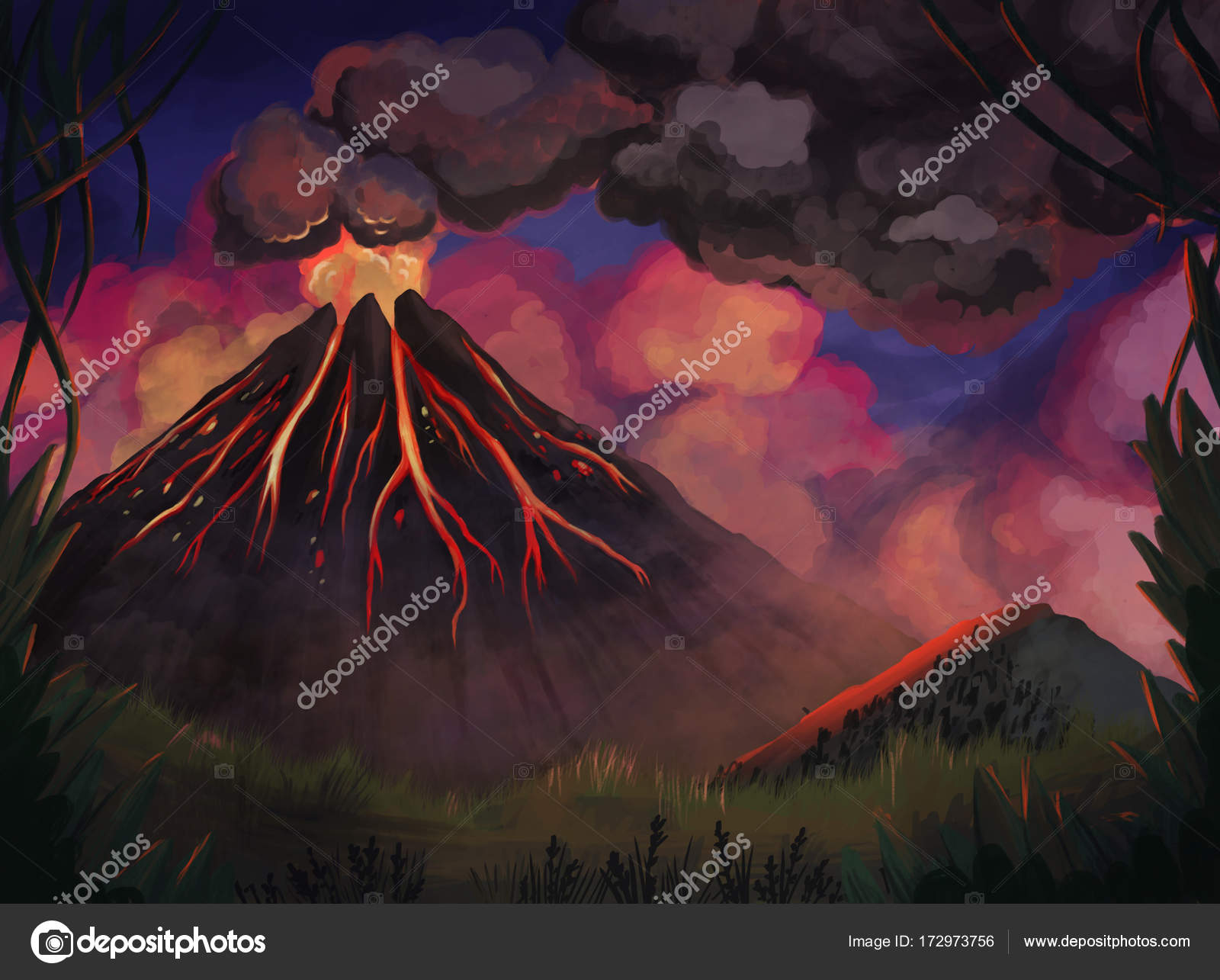 마그마와 용암, 연기는 화산 밤 산 풍경입니다. 손으로 그린 그림 스톡 일러스트레이션 [© AUTHOR_NAME] #172973756, image size:1600x1285