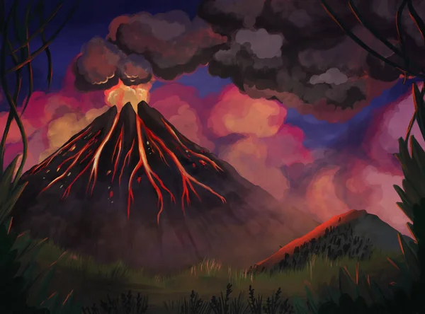 Volcano with magma, lava and smoke. Night mountain landscapes. Hand drawn illustration