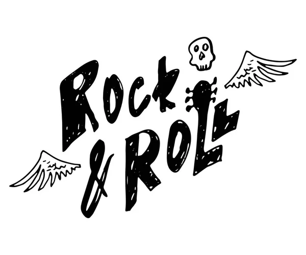 Rock and roll. Hand drawn lettering with scull and wings. Vintage vector illustration — Stock Vector