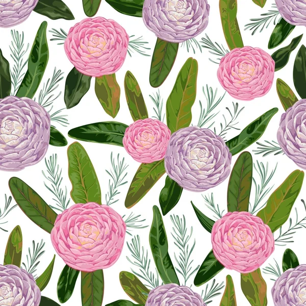 Naadloze patroon met roze en paarse camellia bloemen, rozemarijn en protea bladeren. Decoratieve vakantie florale achtergrond. Vintage vectorillustratie in aquarel stijl — Stockvector