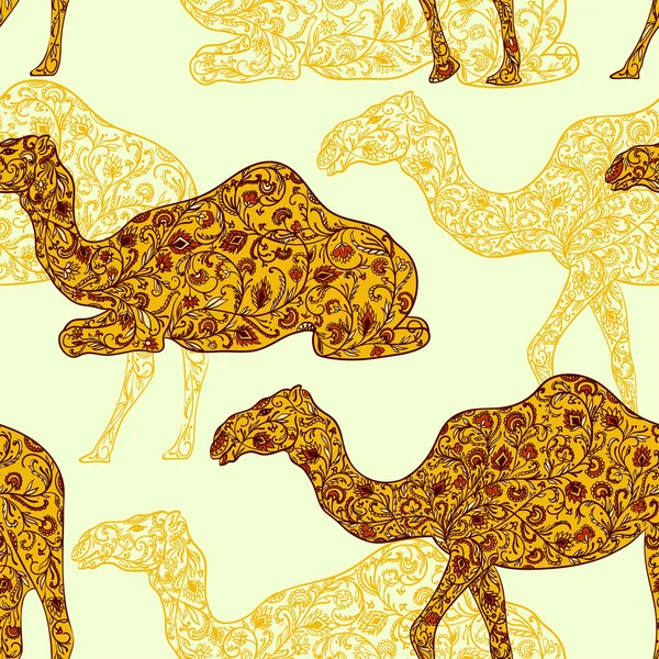 Patrón sin costuras con camello decorado con adorno oriental. Ilustración de vector Vintage — Archivo Imágenes Vectoriales