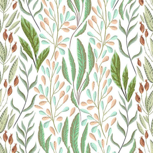 海の植物 葉や海藻とシームレスなパターン 水彩画風の手描きの海洋植物 ベクターイラスト — ストックベクタ