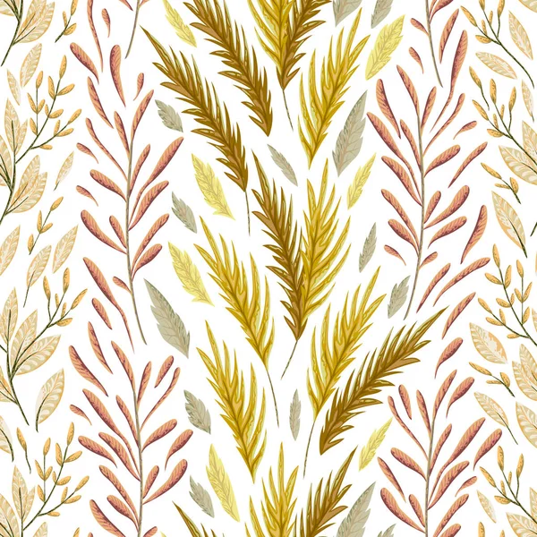 Nahtloses Muster mit Meerespflanzen, Blättern und Algen. Handgezeichnete Meeresflora im Aquarell-Stil. Vektorillustration — Stockvektor