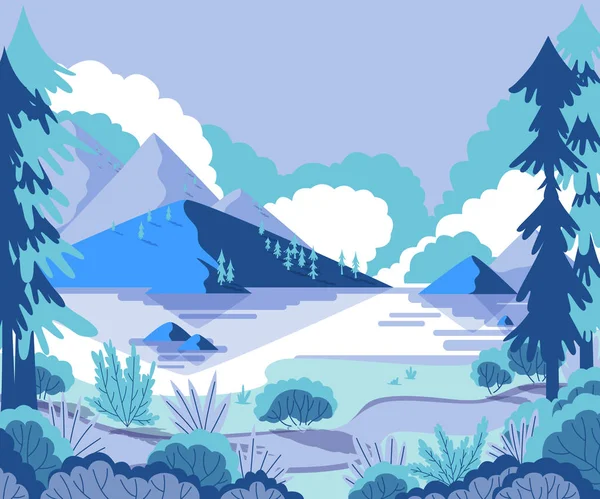 Paysage hivernal avec montagnes, pins et collines. Illustration vectorielle — Image vectorielle