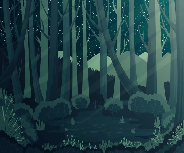 Paisagem de floresta noturna com montanhas, plantas e estrelas no céu. Cenário de fundo. Ilustração vetorial . —  Vetores de Stock