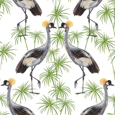 Turna kuşu ve vahşi bitkiler ile Seamless modeli. Oryantal motif. Suluboya tarzında vintage elle çizilmiş vektör çizim