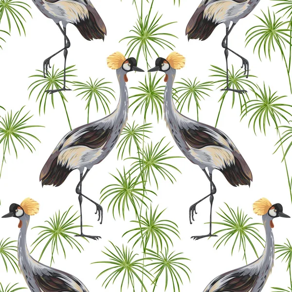 Patrón Sin Costura Con Pájaro Grúa Plantas Silvestres Motivo Oriental — Archivo Imágenes Vectoriales
