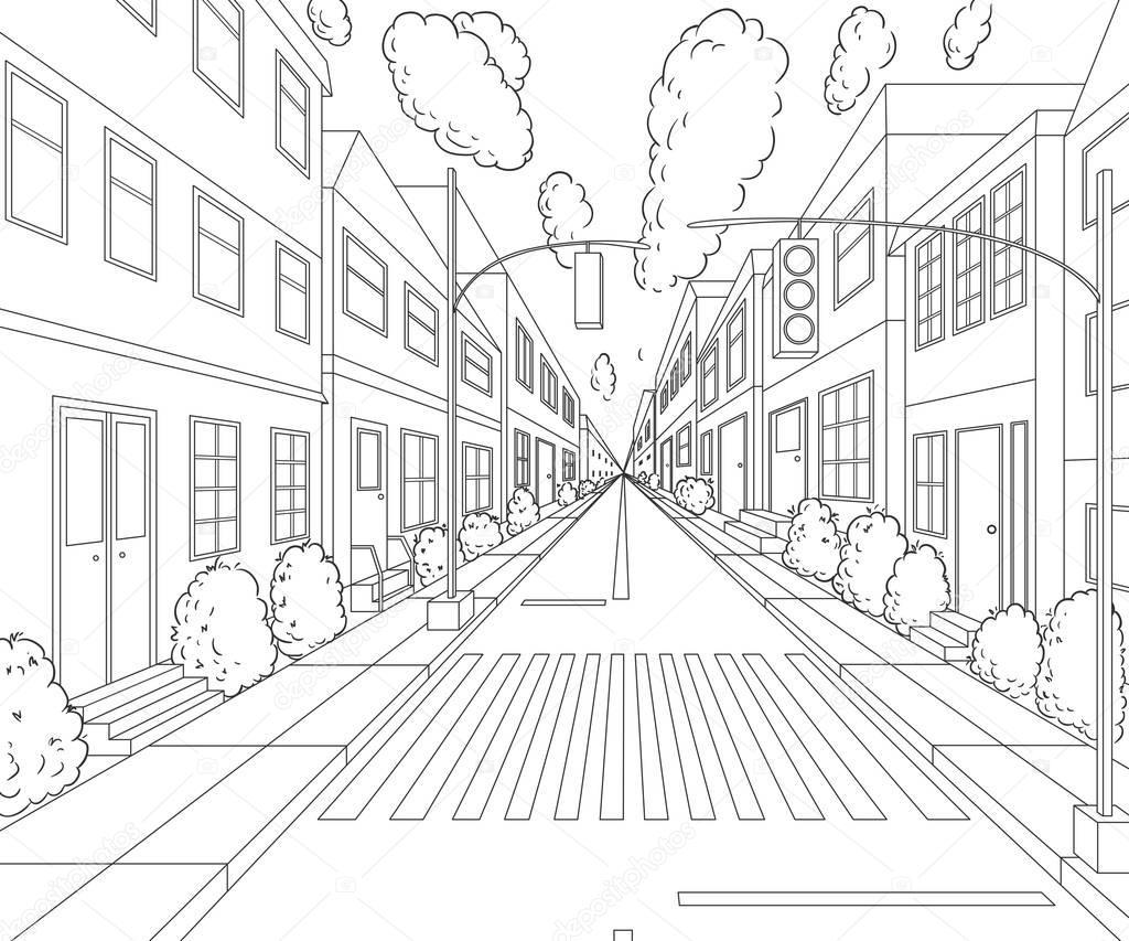 City street with buildings, traffic light, crosswalk and traffic sign. Cityscape background in sketch style. Vector illustration