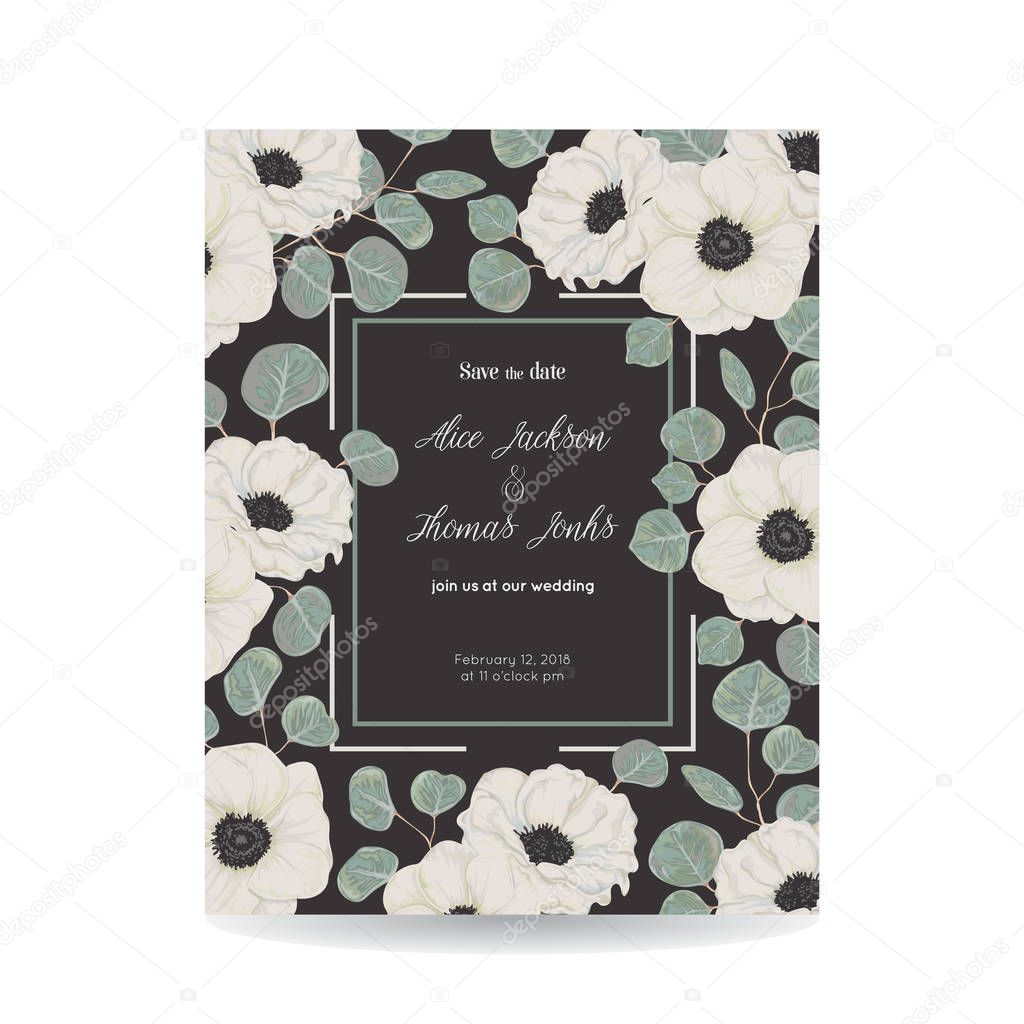 Save the date card with white anemone flowers and silver dollar eucalyptus. Holiday floral design for wedding invitation. Vintage hand drawn vector illustration in watercolor style