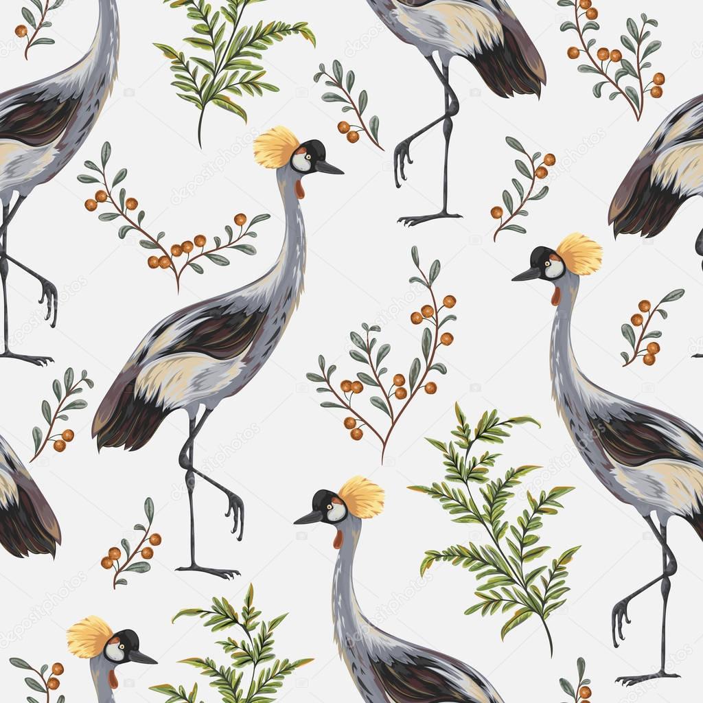 Seamless pattern with crane bird, fern and cranberry. Oriental motif. Vintage hand drawn vector illustration in watercolor style