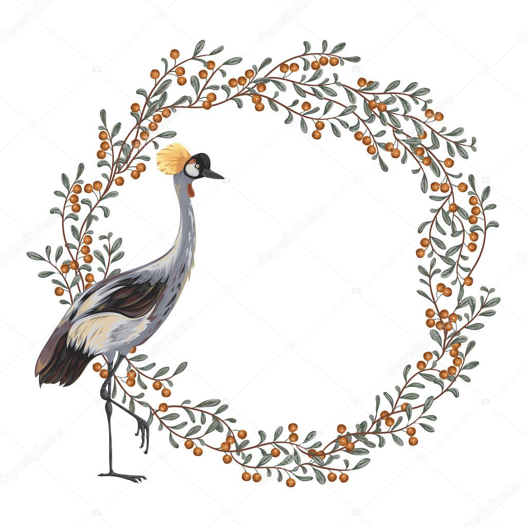Wreath with crane bird and cranberry. Oriental motif. Vintage hand drawn vector illustration in watercolor style