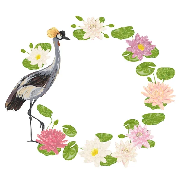 鶴鳥および水のユリの花輪 東洋のモチーフ 水彩風のビンテージ ベクトル図 — ストックベクタ