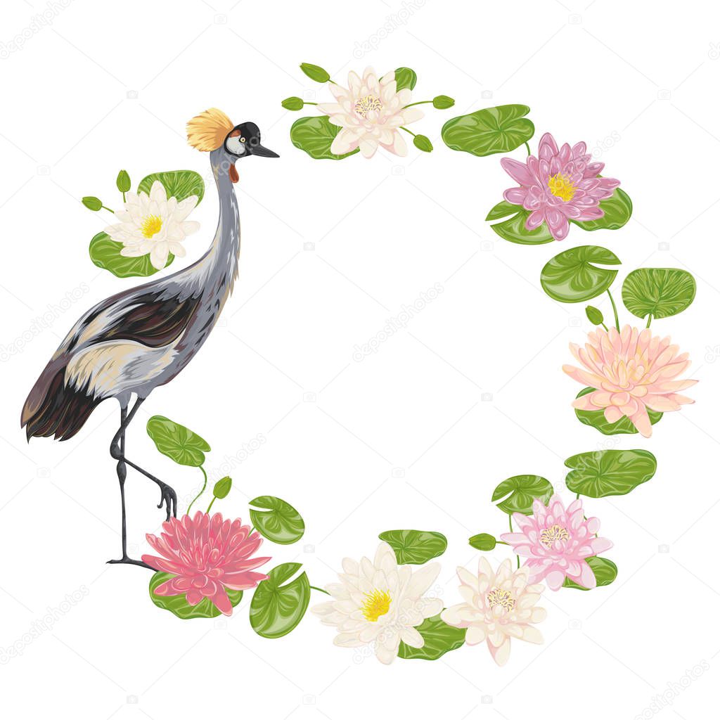 Wreath with crane bird and water lily. Oriental motif. Vintage vector illustration in watercolor style