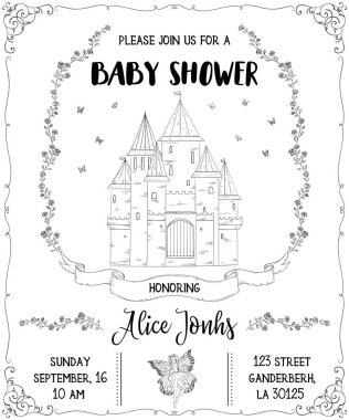 Bebek Hediyeleri Partisi Davetiyesi Kalesi, Peri, gül ve kelebekler. Masal Tema. Vintage vektör çizim
