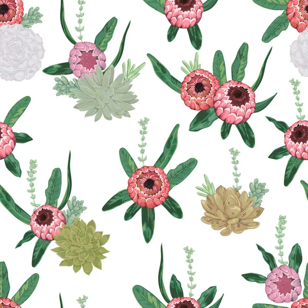 Naadloze Patroon Met Vetplanten Protea Bloemen Bladeren Decoratieve Vakantie Florale — Stockvector