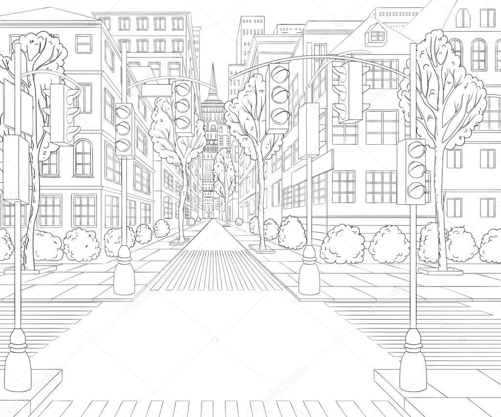 City street with buildings, traffic light, crosswalk and traffic sign. Cityscape background in sketch style. Vector illustration