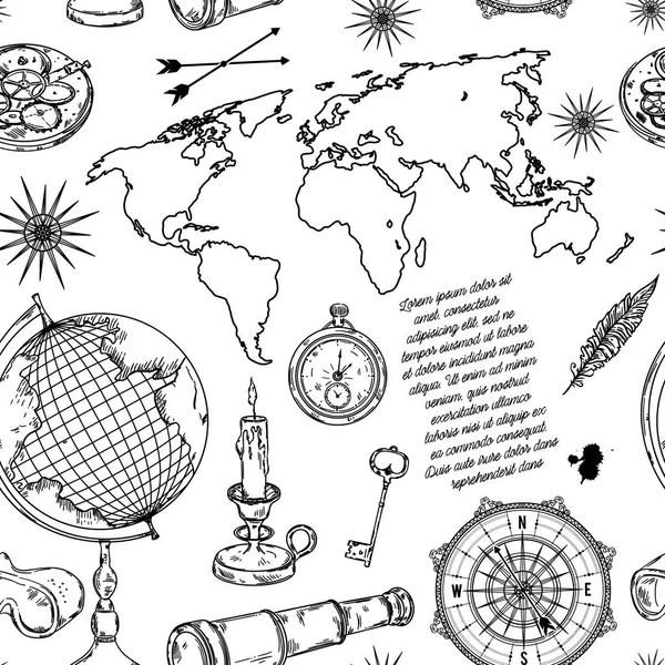 Wzór Globe Kompas Mapa Świata Róża Wiatrów Vintage Nauka Obiektów — Wektor stockowy