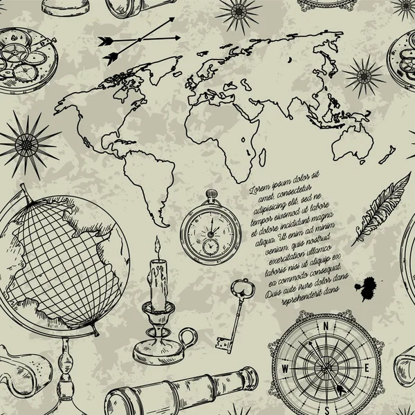 Бесшовный Рисунок Глобусом Компасом Картой Мира Розой Ветра Винтажные Научные — стоковый вектор