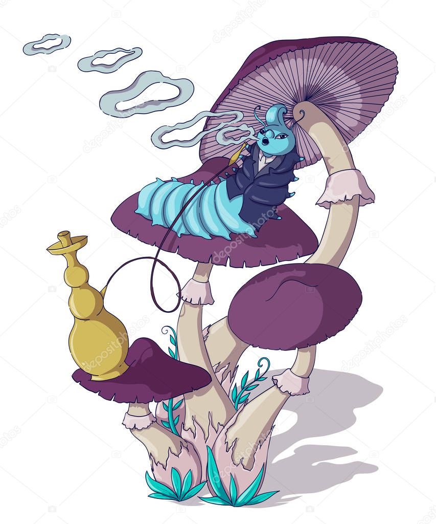 Caterpillar smokes a hookah on a mushroom. Fairytale Wonderland scenery. Vintage vector illustration