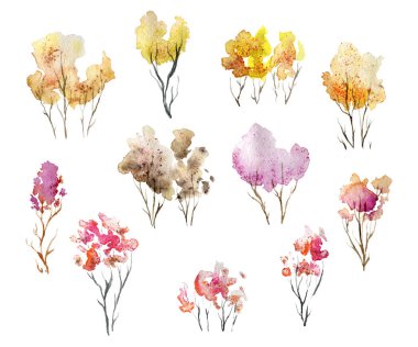 Suluboya ağaçlar ve çalılar beyaz arka plan üzerinde ayarlayın. İzole öğeleri. Elle çizilmiş illüstrasyon