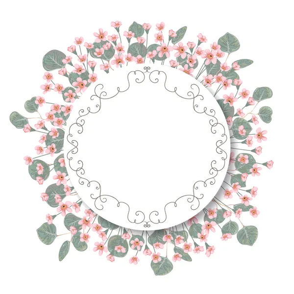 Cercle Bannière Avec Alstroemeria Eucalyptus Dollar Argent Design Floral Vacances — Image vectorielle